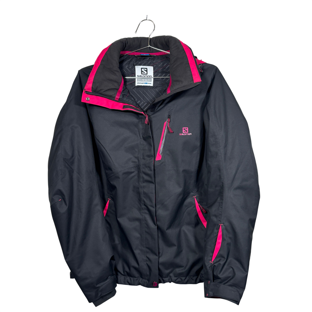 Ladies Salomon black hooded jacket with full zip front, zip chest pocket, bright